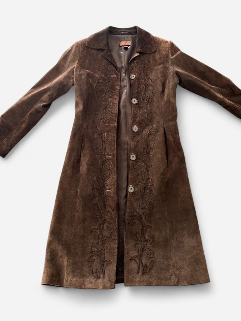 Vintage Danier Brown suede leather coat with floral embroidery - Picture 1 of 3